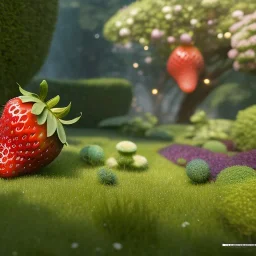 pixar style, volumetric summer garden environment and background, realistic painting of an strawberry, looking excited, detailed digital painting, extreme dense and fine fur, anime, ornate, colour-washed colors, elegant, small minutiae, tiny features, particulars, centered, smooth, sharp focus, renderman gofur render, 8k, uhd, detailed eyes, realistic shaded volumetric lighting, sunlight caustics, backlight, centered camera view