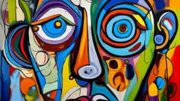 Create a portrait of a deformed and caricatured human face, with disproportionate eyes and mouths, combining grotesque and humorous elements, using vibrant colors and strong contrasts, in the style of George Condo, with an abstract background that emphasizes the psychology of the character.