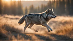 IScenic Landscape, a wild wolf running towards the camera, captured in a stunning natural setting. The scene is a breathtaking expanse of wilderness, with the wolf in full stride, its eyes focused and intense. The landscape around the wolf is a vivid tapestry of forests, mountains, and open fields, illuminated by the soft glow of the morning sun. The photograph captures the essence of untamed nature, showcasing the wolf's powerful build and graceful agility. The image is taken with a Nikon D850