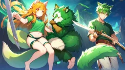 Girl, 2boy ,wolf muzzle, long green hair, green wolf ears,2 wolf tail, open navel, short blue shirt,animal tail, wolf paws hand, orange eyes, sword, animal fur on feet