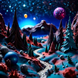 Detailed creepy landscape made of modeling clay, stars and planets, Roger Dean, Tim Burton, strong texture, Ernst Haekel, extreme detail, Max Ernst, decal, rich moody colors, sparkles, bokeh, odd