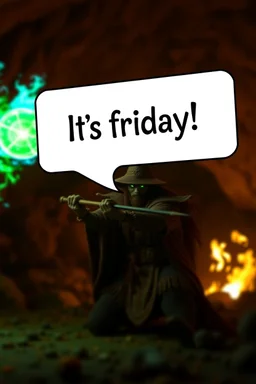speech bubble in front with weird font saying "Its friday!" fast killer glowing ball closeup demi-lich in background, magic swirl, strong winds, true grit, reggae rasta native stand off fast draw poncho cowboy wizard on knees hurt punching green and blue fire ball whip while taking sight wand slinger, in flame lit cave ,bokeh like f/0.8, tilt-shift lens 8k, high detail, smooth render, down-light, unreal engine