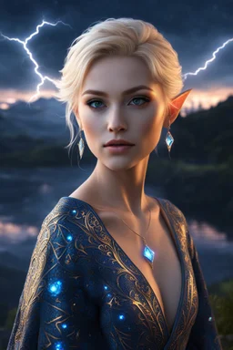 detailed eyes, female russian half elf, curvy, blonde short hairstyle, detailed glowing ornamental magical pattern form fitting robe, glowing gem crackling with lightning implanted on robe, 8k, high detail, lake background, midnight, facing viewer, front facing