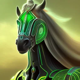 A beautiful portrait of a cyborg horse green color scheme, high key lighting, volumetric light high details psychedelic background