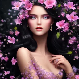 bright black fairy, beautiful portrait, flowery landscape