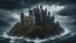 Hyper Realistic Aerial View of a huge haunted abandoned gothic castle surrounded by wolves between a sea & sea-storm on it & cloudy sky at heavy-rainy-night with mountains far showing dramatic & cinematic ambiance