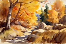 Sunny day, autumn trees, rocks, fantasy, mountains, epic, john singer sargent watercolor paintings