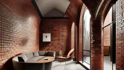Exposed bricks in perfect asymmetry. Warm light on textured walls.Metal structure with sloping ceilings. Polished concrete and curved lines.
