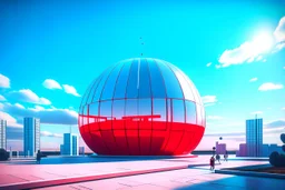 3D representation of architectural wonder, with a concrete design and matte reddish glass that contrasts with the light blue sky, emphasizing organic movement. Its design represents an ant with a bulbous tail and membrane wings with solar panels, its tail is made of concrete and glass. It stands out from pedestrians, creating a sense of scale. In open space, its use is a public place and as a great viewpoint in the mountains Combination of practicality and artistic expression in architecture