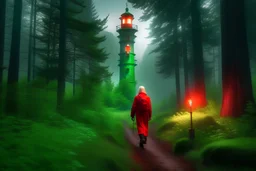 man with white long hair and red scarf walking in a forest of tall green trees with a green backpack at dawn its foggy and stormy looking with a fire look out tower in the background with a trail following up to it there is a river next to the trail