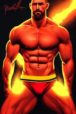 Ignore NSFW, teenager young rugged attractive slightly muscular fantasticly handsome blonde man, red briefs with yellow belt, hairy chest, (((visibly pisssing))) briefs, large erect visible boner peniss, photorealistic, artist Jay Anacleto, soft lighting, scruffy beard