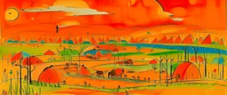 An orange colored savanna with an arena in a thunderstorm painted by Wassily Kandinsky