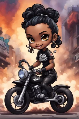 Create a urban art illustration of a chibi cartoon full figure black female riding a sports motorcycle. She is wearing tie dye and black tights with biker boots. Prominent make up with log lashes and hazel eyes. Extremely highly detailed black shiny wavy hair up in a messy bun. Background of smoke surrounding her and the bike and she's at a bike show.