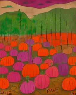 A purple swamp filled with pumpkins painted by Paul Klee