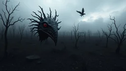 close in center weird crepy bird creature and and far away on sky different small dark crepy birds surreal thriller vibe trees in alternative surreal barren, dry, gloomy world, nightmare in abyss, deep vortex, black, gray, purple, brown, silver, dark red colors, surreal, weird dark fantasy, deep dark colors, sharp lines, crepy stunning, high detalied, weird, fog, shadows, realistic, surreal, highly detailed, melancholic thriller mood