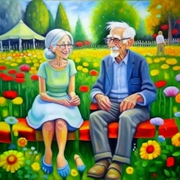 whimsical folk art. caricatures. old couple, wrinkled skin, wearing big glasses, gray hair, wearing casual clothes sitting holding hands happy smile morning. sitting on a park chair flower garden. meadow. Bright colour. flowers. tall grass. acrylic oil paint.