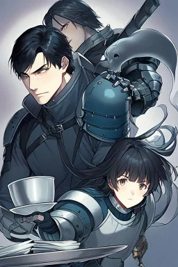 Male version of Motoko Kusanagi from "Ghost In The Shell (1995)" knight in steel plate armour, long black hair, pretty face, dignified