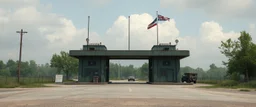 a realistic old style military checkpoint in front of utopia green world