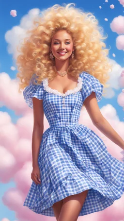 an impossibly tall woman with curly golden hair piled atop her head, wearing an intricately decorated blue and white gingham dress. She towered above you, a gentle smile playing at the corners of her bright blue eyes as she peered down at you. surrounded by fluffy cotton-candy clouds