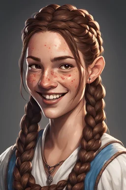 Generate a dungeons and dragons character with brown hair, beautiful woman, with freckles and black eyes. Make her hair in braids. Make her smile with teeth. She has a gap between her front teeth