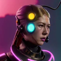 Pretty cyber woman, blonde, short hair, sci-fi, rounded face, black, gold, brown, samurai style, retro, simetric, neon style, a lot of led lights, fog, rain, leather, vibrant color, highly detailed, art stations, concept art, smooth, unreal engine 5, god rays, ray tracing, RTX, lumen lighting, ultra detail, volumetric lighting, 3d, finely drawn, high definition, high resolution.