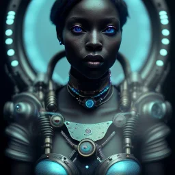 a black woman with a blue crystal eye, steam punk, realistic, made in octane, cinematic, ultra-realistic, extremely detailed octane rendering, 8K, VRAY Super Real ar 2:3, dof photorealistic futuristic 50mm lens hard lighting dark gray tintype photograph, realistic lighting