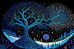 graphic drawing winter fantastical landscape, moon, round tree crowns, ice flowers, cold colors, a flat image with careful drawing and tracing of every detail, black background, cosmic bright color, folk art, Epic cinematic brilliant stunning intricate meticulously detailed dramatic atmospheric maximalist digital matte painting, perfect composition, masterpiece