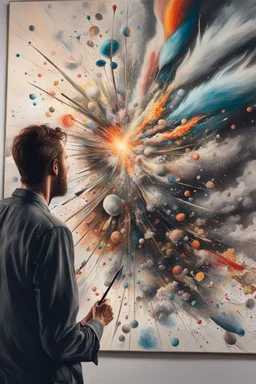 Close up of drawing of An artist looking at his canvas painting, the painting is exploding towards him with like scattering memories and images that was painted and coming out of the painting, abstract, surrealism,weird,8 k, , high quality