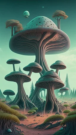 alien landscape with trees and mushrooms