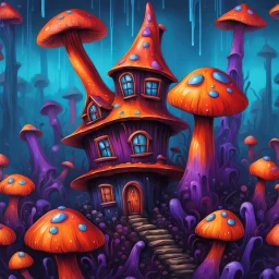 A weird mushroom house with drippy spots and eyeballs on a chunk of floating land. black purple blue orange. Detailed gloss Painting, rich color, fantastical, intricate detail, splash screen, hyperdetailed, insane depth, concept art, 8k resolution, trendi