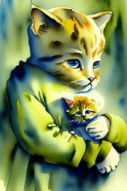 A cute cat is holding a kitten. Watercolour