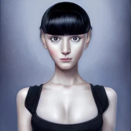 Retrato hiperrealista de chica de pelo negro mirada profunda con fondo futurista