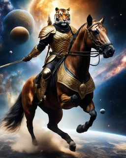 Realistic photography take photoshoot full body from far,front view of a humanoid warrior tiger wearing clothing armor golden ,on riding a black horse , flying in space, on galaxy surrounded by planets