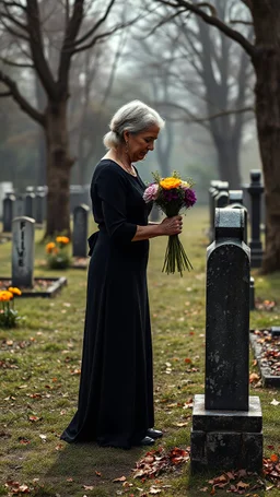 una chica con vestido de grave yard temp un old woman with black dress putting flowers on the Tomp