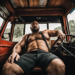 photography of a burly truck beefy driver at rest in truck, inside cab, shirtless, sweaty, massive with tattoos and short beard, Romanian, muscular, male chest, seen from below