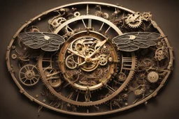 steampunk clock surrounded by cogs and springs, metal insects with wings