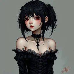 a pretty girl, skinny, dark hair, gothic clothes, dark fantasy, pale, young, art, realism
