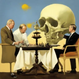 Putin, President Xi Of China And Joe Biden Play Chess With A Pigeon,Ufo And Atomic Bomb Mushroom Cloud,Complex Surgical Instruments Intermixed With A Newborn Boy,Minimalism,Painting By Adrian Ghenie,Rene Magritte,Pablo Picasso,Michelangelo,Salvador Dali,Lucian Freud