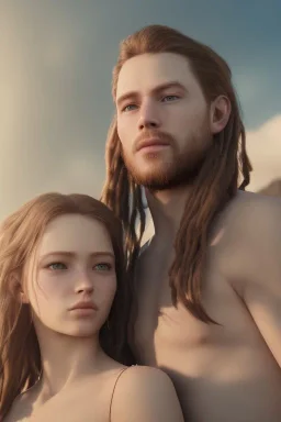 Jeune couple premier plan zoomé, visages hyper détaillés, ultra réaliste, 4k. Fille rousse aux cheveux raides, garçon musclé cheveux dreadlocks longs. Paysage de film ultra réaliste, montagne. D&D, mystique, ultra réaliste