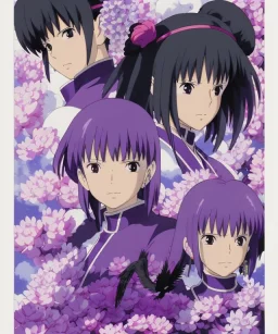 Detailed cute anime Kunoichi girl, purple hair buns, purple bangs, black latex bodysuit, intricate details, full body portrait, keep head in frame, slight smile, black Japanese motif, concept art, highly detailed, digital painting, concept art, sharp focus, illustration, art by Yoji Shinkawa, WLOP and greg rutkowski and alphonse mucha and artgerm and yanjun Chen and Junji ito and Makoto Shinkai, HDR, octane render