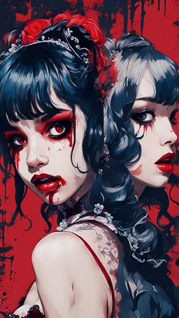 Poster in two gradually, a one side malevolent goth vampire girl face and other side the Singer Melanie Martinez face, full body, painting by Yoji Shinkawa, darkblue and red tones,