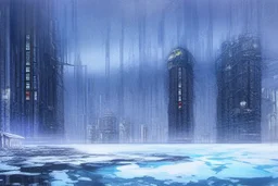 cyberpunk buildings near the frozen lake, winter, tendency to science fiction, realistic vision, impressionism painting