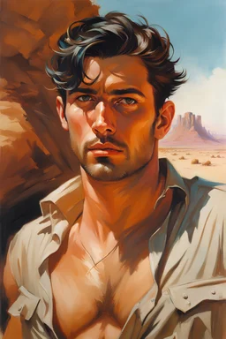 A Dark-Haired British Man 28yo With A Round Face And Full Stubble But No Beard, in the desert, by Gil Elvgren and Alex Ross and Carne Griffiths