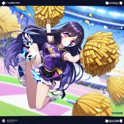 Clear focus,8k,Beatiful Lighting,Beatiful Blur,Beatiful Face,Beatiful Shading,Black long hair,silky hair, long silky bangs, Purple eyes, wearing a cheerleading outfit, Jumping, happy