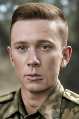 facial portrait - Band of Brothers, 20-year-old Scott Grimes as Technical Sergeant Donald Malarkey, WWII camouflage battle dress uniform, Professional quality full color photography by Ansel Adams - 4k UHD, Ultra-realistic, Hyper realistic, Photorealistic, Realistic, absolute Reality