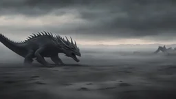 a flat landscape covered in dark gray dust. ancient battle field. dragon bones. dark grey mist. dead ocean in the distance. seen from the ground. fantasy, horror. no trees