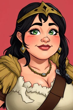 In a realistic, non-anime, vintage cartoon style: Bust shot of 35-year old, chubby Scandinavian dark-haired lady with green eyes and very thick lips who is dressed as Warrior Princess