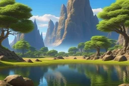 Mountains, Trees, rocks, sand, pond, epic, sci-fi