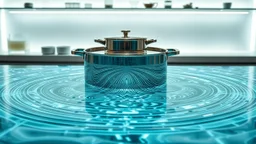 modern labraratory instrument environment, water waves created Cymatics pretty patterns that sound waves make on water in luxury lab in a big pot on the table sync with music ferquency t