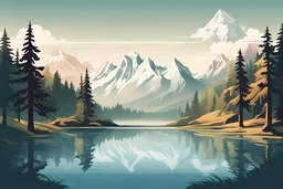 Illustrate a scenic nature landscape, such as a majestic mountain range, tranquil lake, or lush forest, capturing the beauty and serenity of the natural world in vector format.